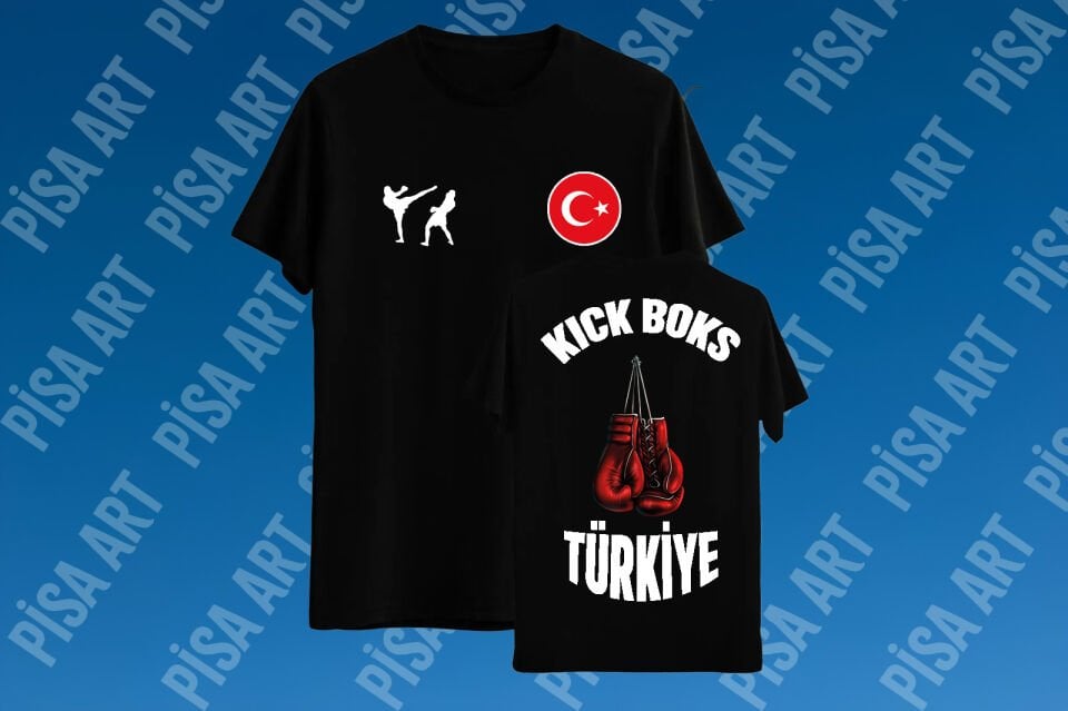 Kickboks ve Eldiven Detaylı Türkiye Logolu Ön Arka Tasarımlı Siyah T-Shirt