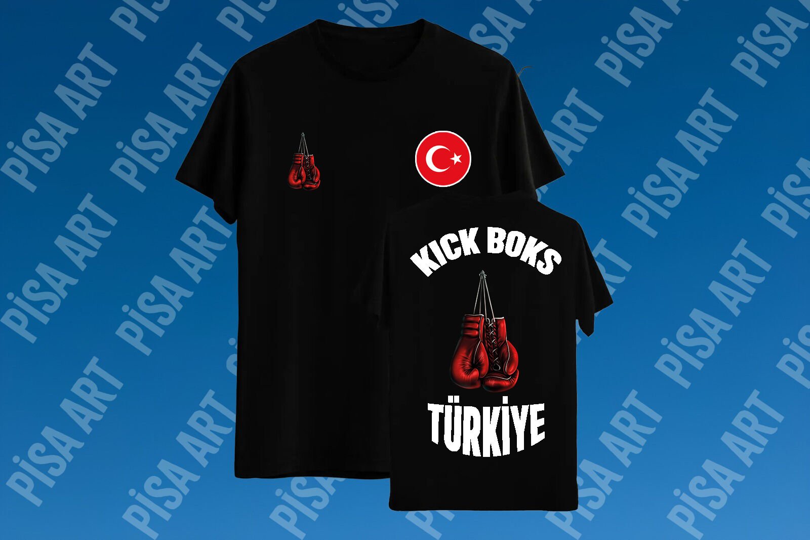 Kickboks Eldiveni Türkiye Logolu Ön Arka Tasarımlı Siyah T-Shirt