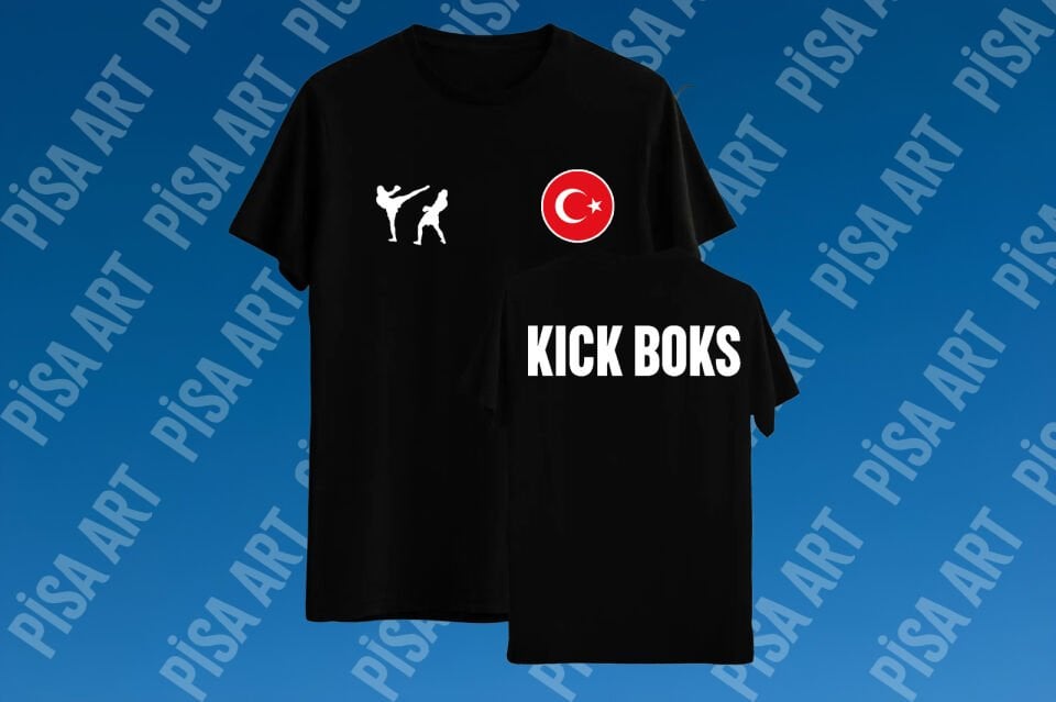 Kickboks Detaylı Türkiye Logolu Ön Arka Tasarımlı Siyah T-Shirt