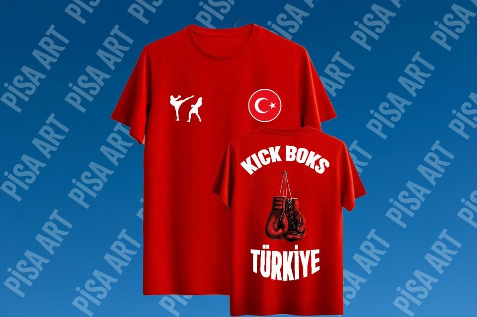 Kickboks ve Eldiven Detaylı Türkiye Logolu Ön Arka Tasarımlı Kırmızı T-Shirt