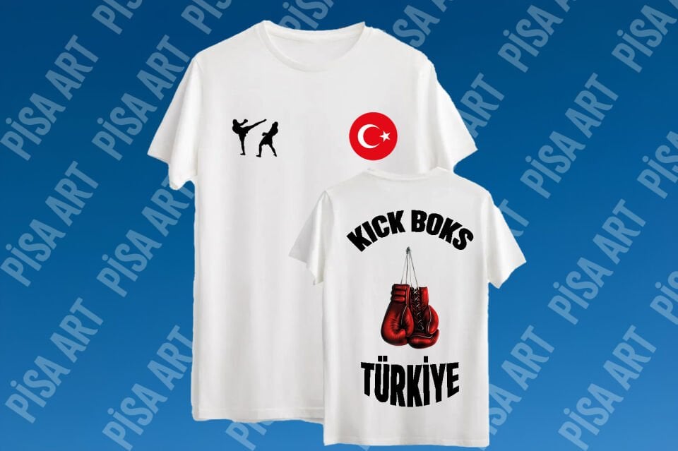 Kickboks ve Eldiven Detaylı Türkiye Logolu Ön Arka Tasarımlı Beyaz T-Shirt