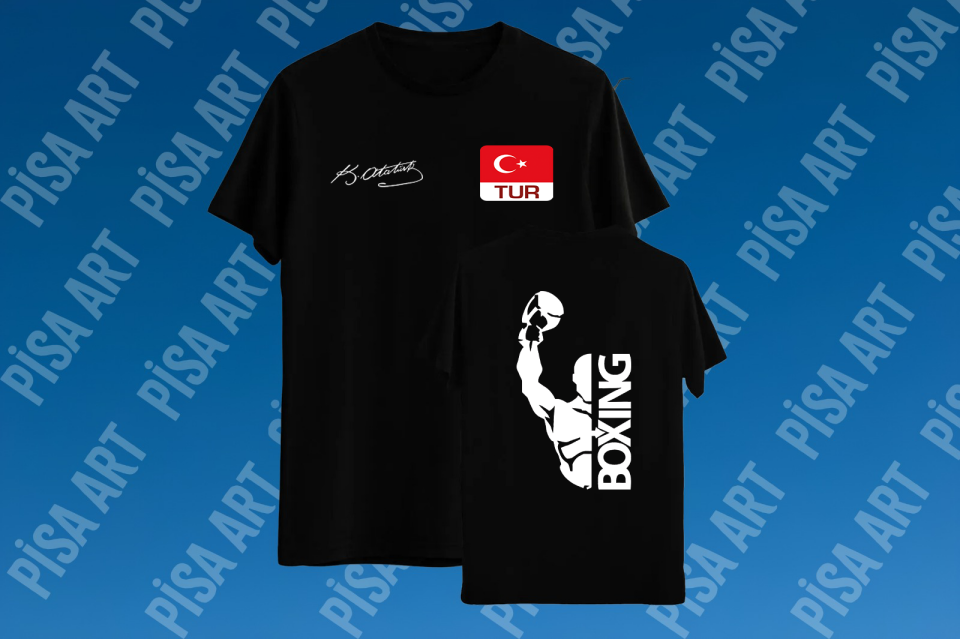 Boxing Atatürk İmzalı Turnuva Bayraklı Özel Tasarım Siyah T-Shirt