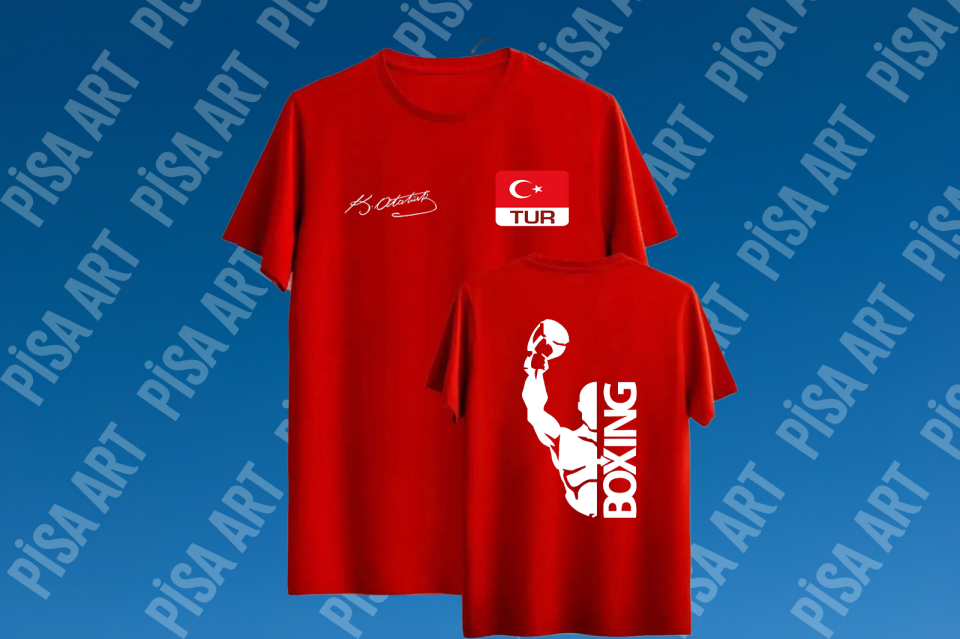 Boxing Atatürk İmzalı Turnuva Bayraklı Özel Tasarım Kırmızı T-Shirt
