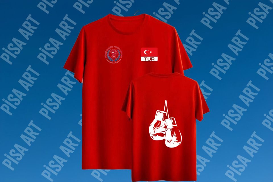 Boks Milli Takım Sırtında Eldiven Detaylı Kırmızı T-Shirt