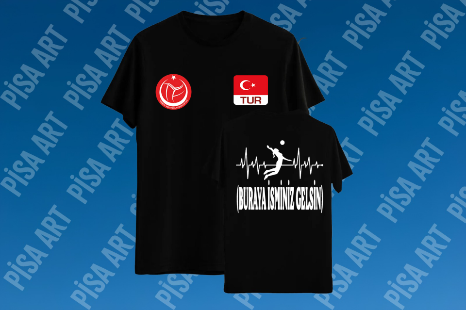 Voleybol Kalp Ritmi Kişiye Özel Tasarım Siyah T-Shirt