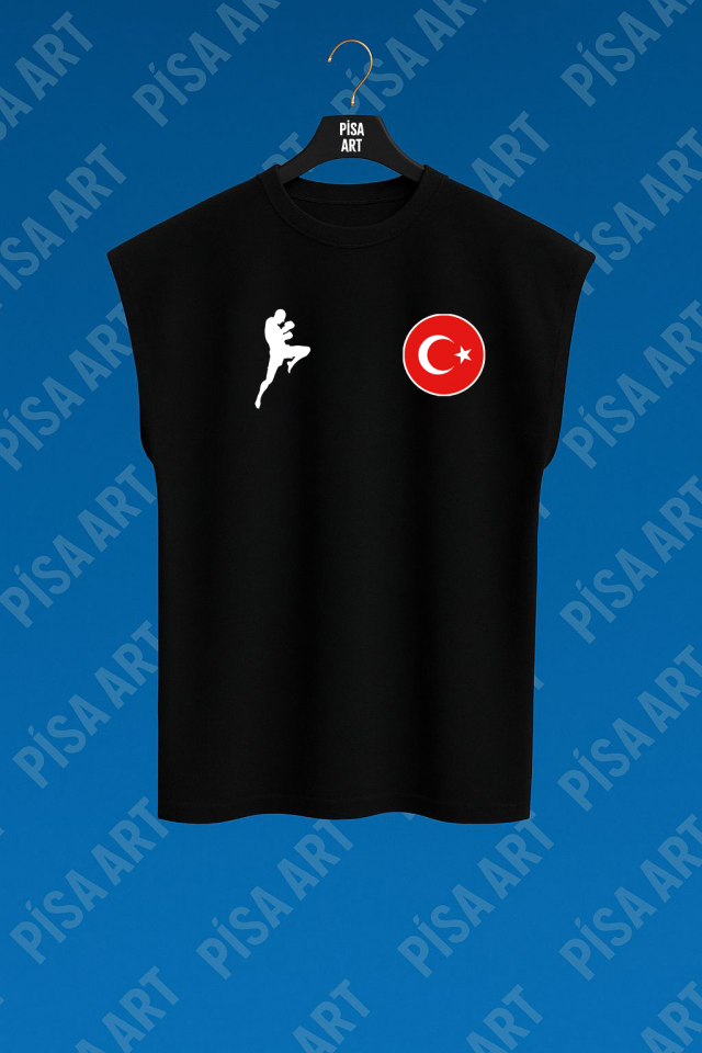 Muay-Thai Antrenman Ve Günlük Rahat Kolsuz Siyah T-Shirt
