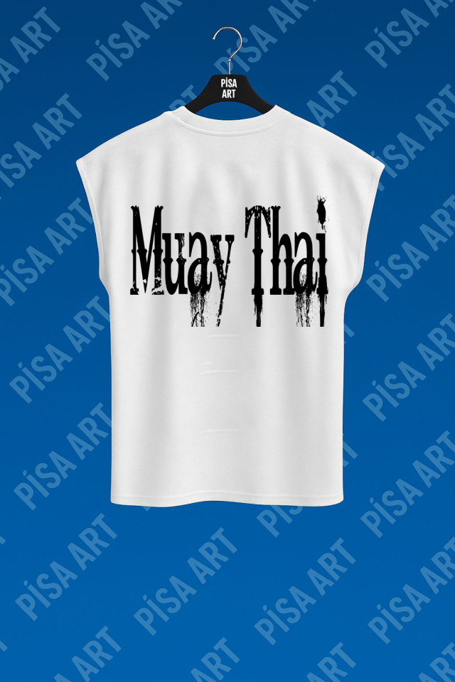 Muay-Thai  Yazılı Antrenman Ve Günlük Rahat Kolsuz Beyaz T-Shirt