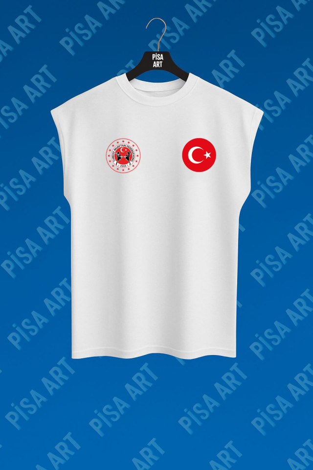 Muay-Thai  Yazılı Antrenman Ve Günlük Rahat Kolsuz Beyaz T-Shirt