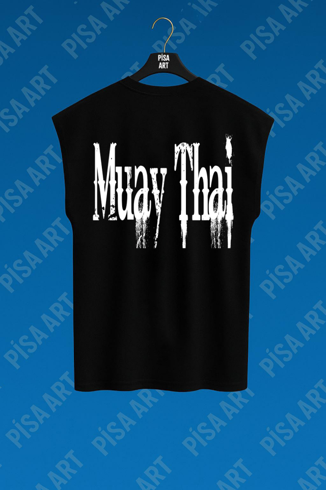 Muay-Thai Yazılı Antrenman Ve Günlük Kullanım Rahat Kolsuz Siyah T-Shirt