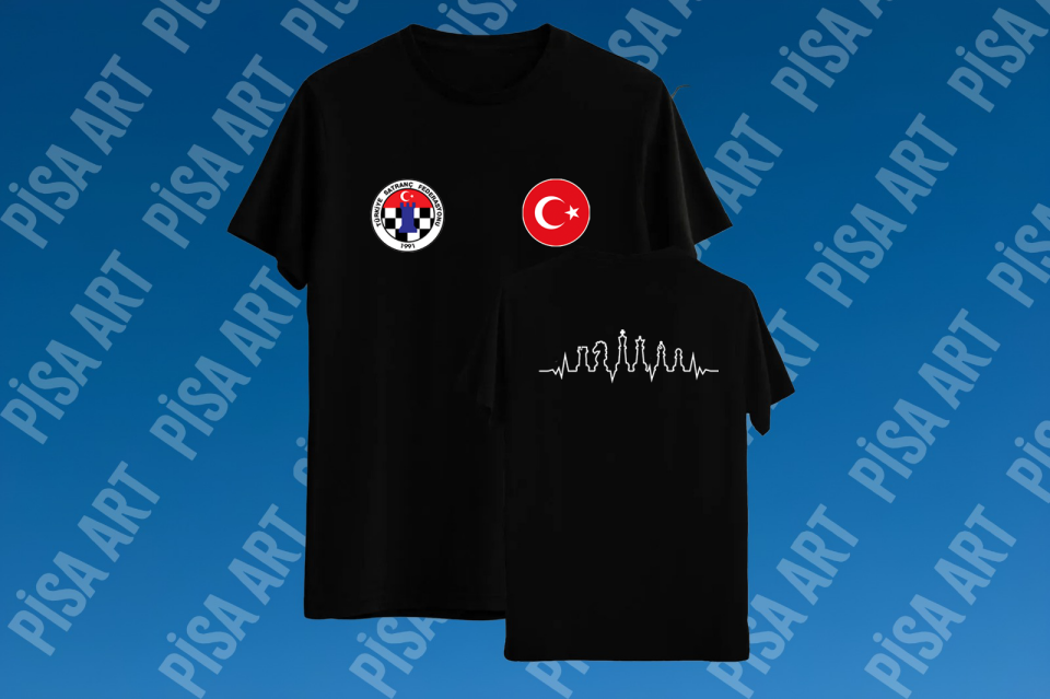 Türkiye  Satranç Federasyonu Kalp Ritmi Desenli Özel Tasarım Siyah T-Shirt