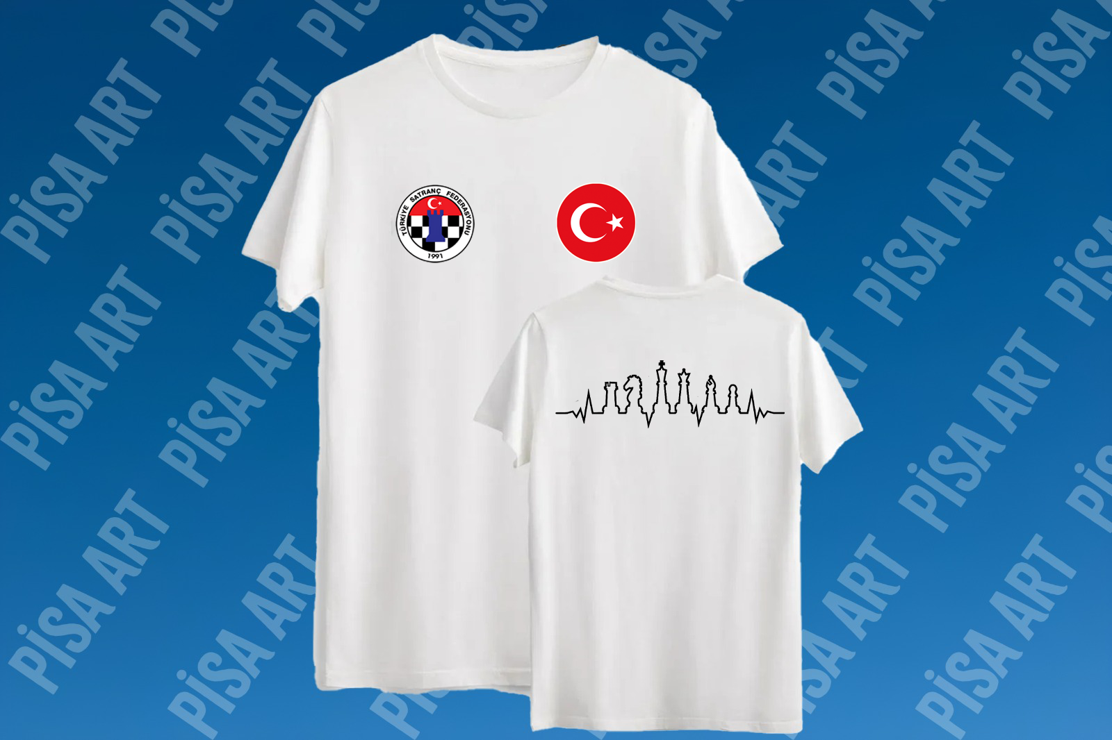 Türkiye  Satranç Federasyonu Kalp Ritmi Desenli Özel Tasarım Beyaz T-Shirt