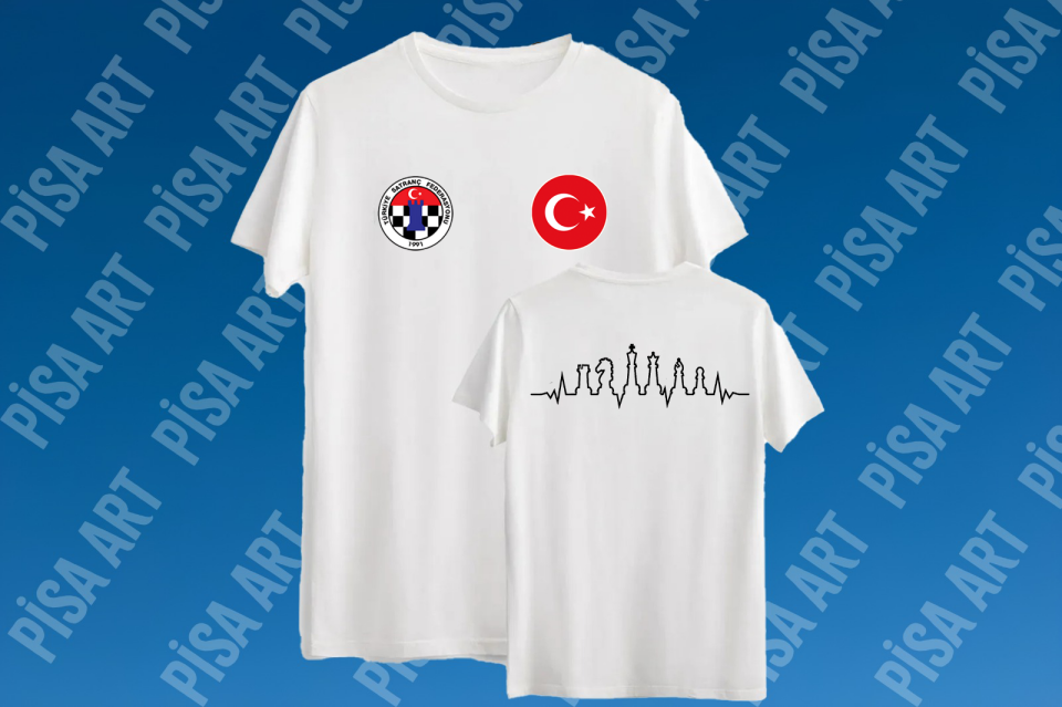 Türkiye  Satranç Federasyonu Kalp Ritmi Desenli Özel Tasarım Beyaz T-Shirt