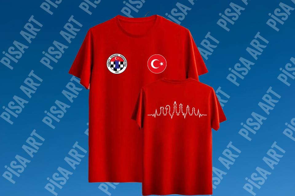 Türkiye Satranç Federasyonu Kalp Ritmi Desenli Özel Tasarım Kırmızı T-Shirt